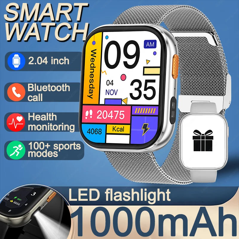 Outdoor New 1000mAh SmartWatch 2.04"HD Screen Smartwatch LED Flashlight 100+sports mode BT Call Waterproof SmartWatches Men Wome