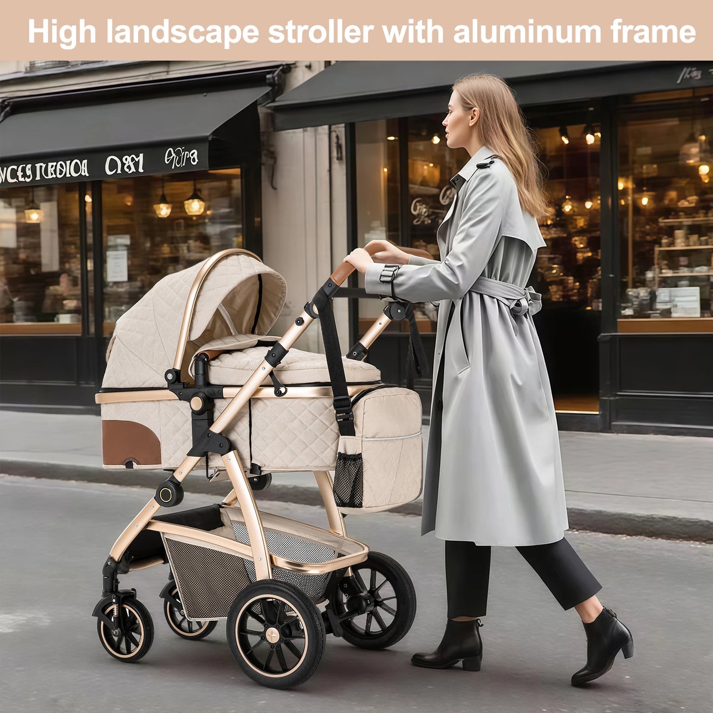 3 in 1 Prams Travel System, Pushchair with Height Adjustable Handle, Travel Pram with Mosquito Net, Baby Stroller with Aluminum