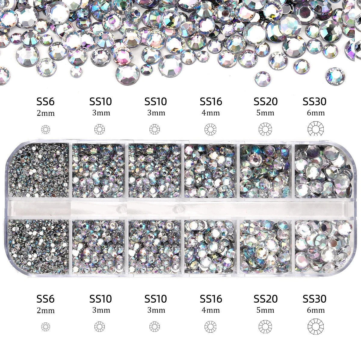 2400pcs+ Shiny Clear Crystal Gems Nail Rhinestones 1.5-4mm Mixed Round Glass Stone Flatback Nail Charms 12grids Nail Diamond DIY