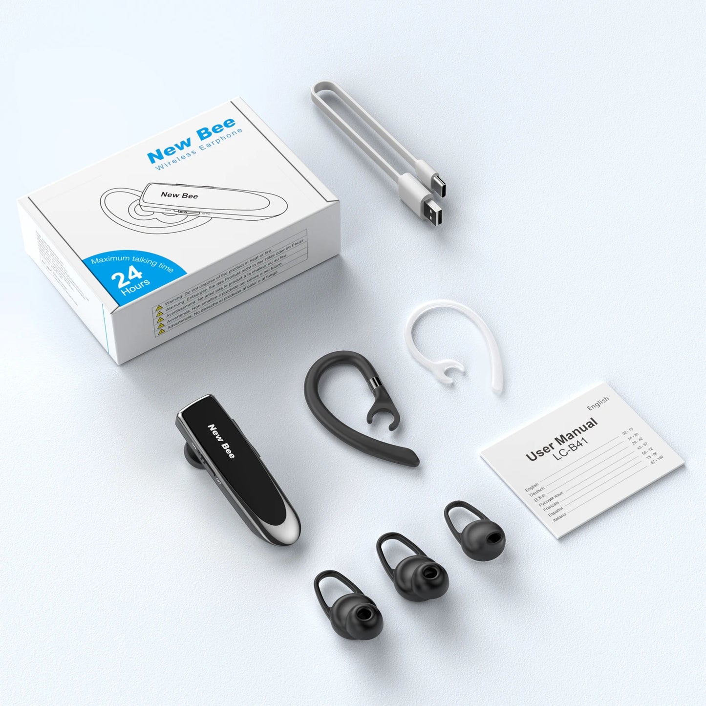 New Bee Bluetooth Headset Wireless Earphones Headphones with Mic 24Hrs Earbuds Single Earpiece Mini Handsfree for Driver Office