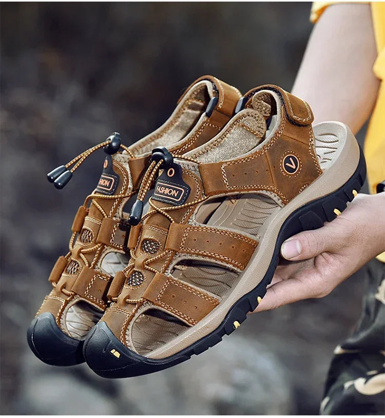 Summer Sandals Leather Outdoor Men Beach Shoes Luxury Breathable Casual Sandal Man Wading Shoes Non-slip Wide lining Slippers