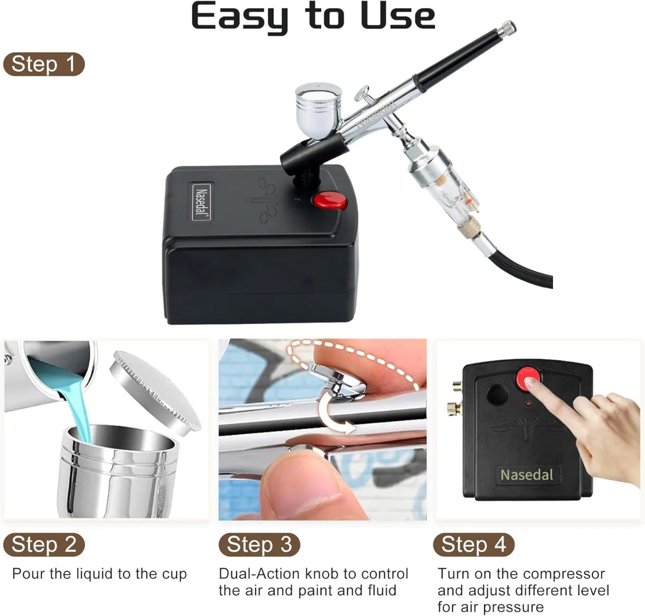 Nasedal NT-19 Dual-Action Airbrush Compressor Kit 0.3mm Airbrush Spray Gun for Nail Airbrush Model Cake Car Fish Shoes Painting