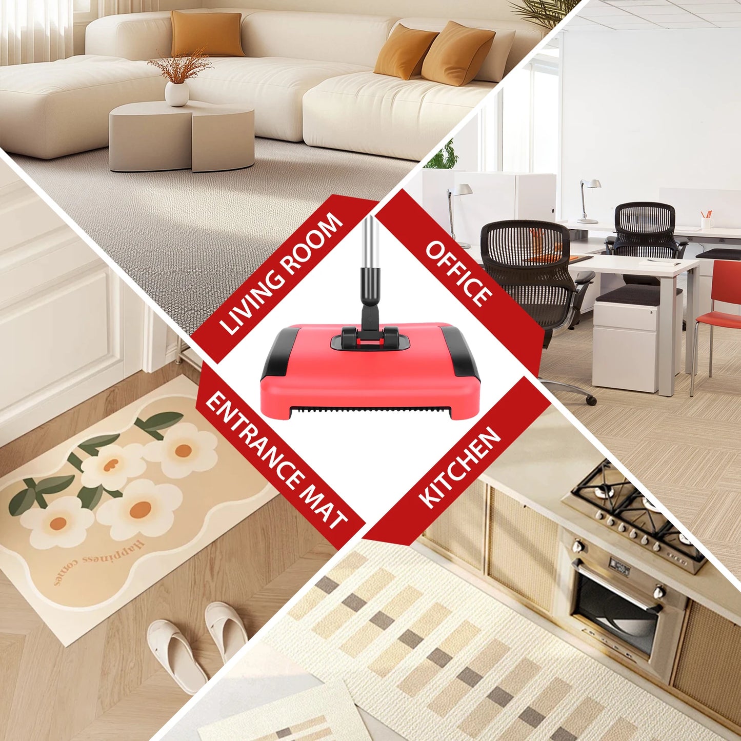 Carpet Floor Sweeper, Manual 3 Rolling Brushes Floor Carpet Brush, Non Electric Quite Rug Roller Brush Push for Cleaning Pet Hai
