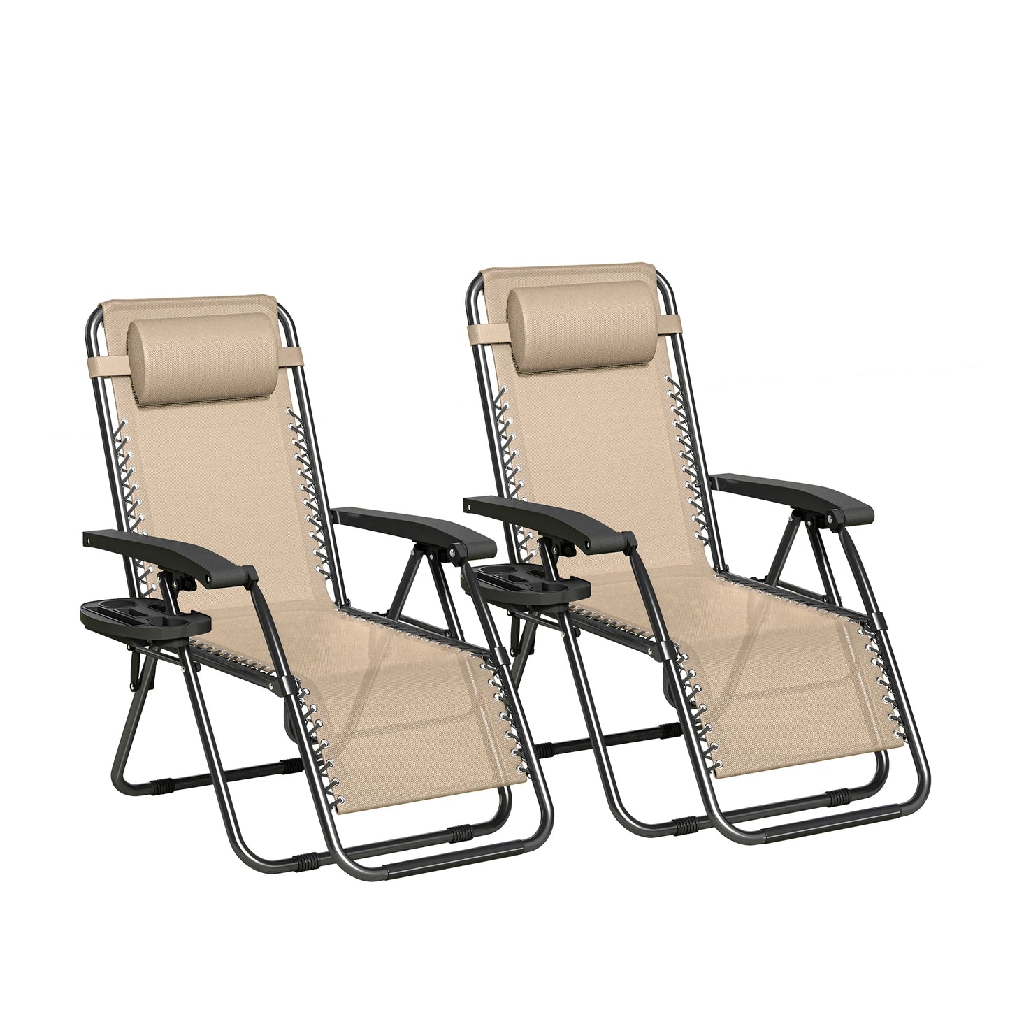 Zero Gravity Reclining Chair Set of 2 – Folding Outdoor & Garden Chairs with Textilene Fabric, Cup Holder and Headrest Pillow