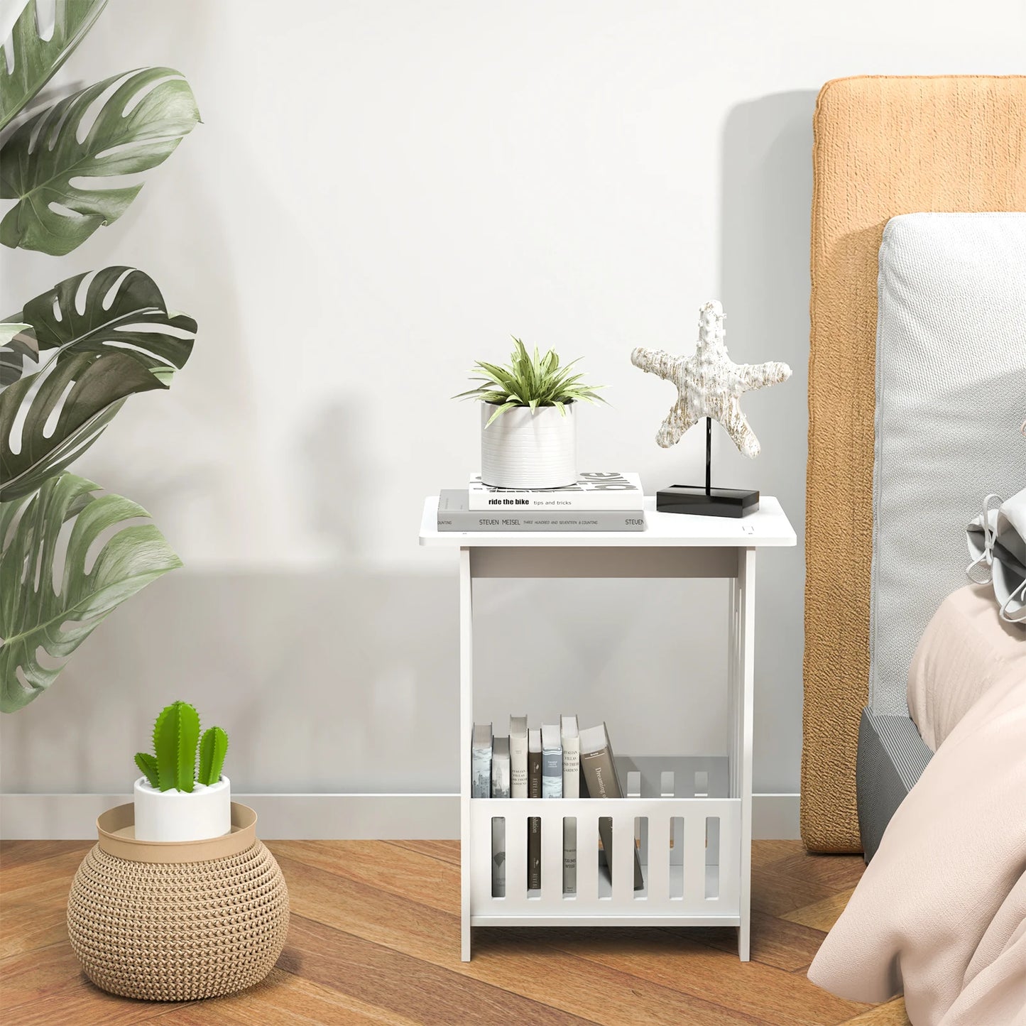 EFAN Bedside Table, White Modern Bedside Cabinet Nightstand Wooden Sofa Table Side Table, Small Narrow Side End Table Cabinet