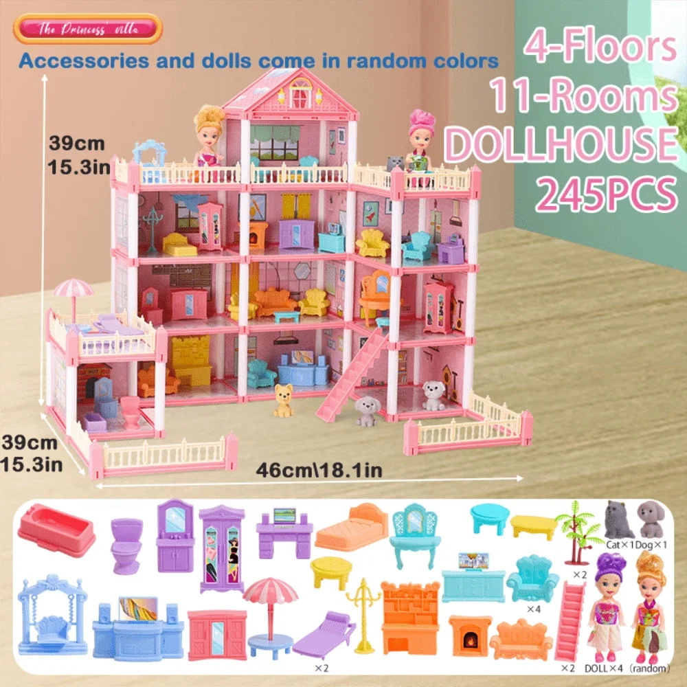 Girl Doll House Toy 3d Assembly Dollhouse Diy Mini Toy Accessories Villa Princess Pink Castle Children Pretend Birthday Gift