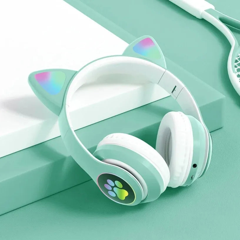 Bluetooth 5.0 Stereo With Mic Flash Lamp Cute Cat Ears Headphone Support TF Card Wireless Kids Girl Earphone Birthday Gift