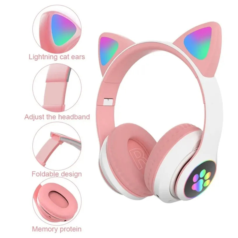 Bluetooth 5.0 Stereo With Mic Flash Lamp Cute Cat Ears Headphone Support TF Card Wireless Kids Girl Earphone Birthday Gift