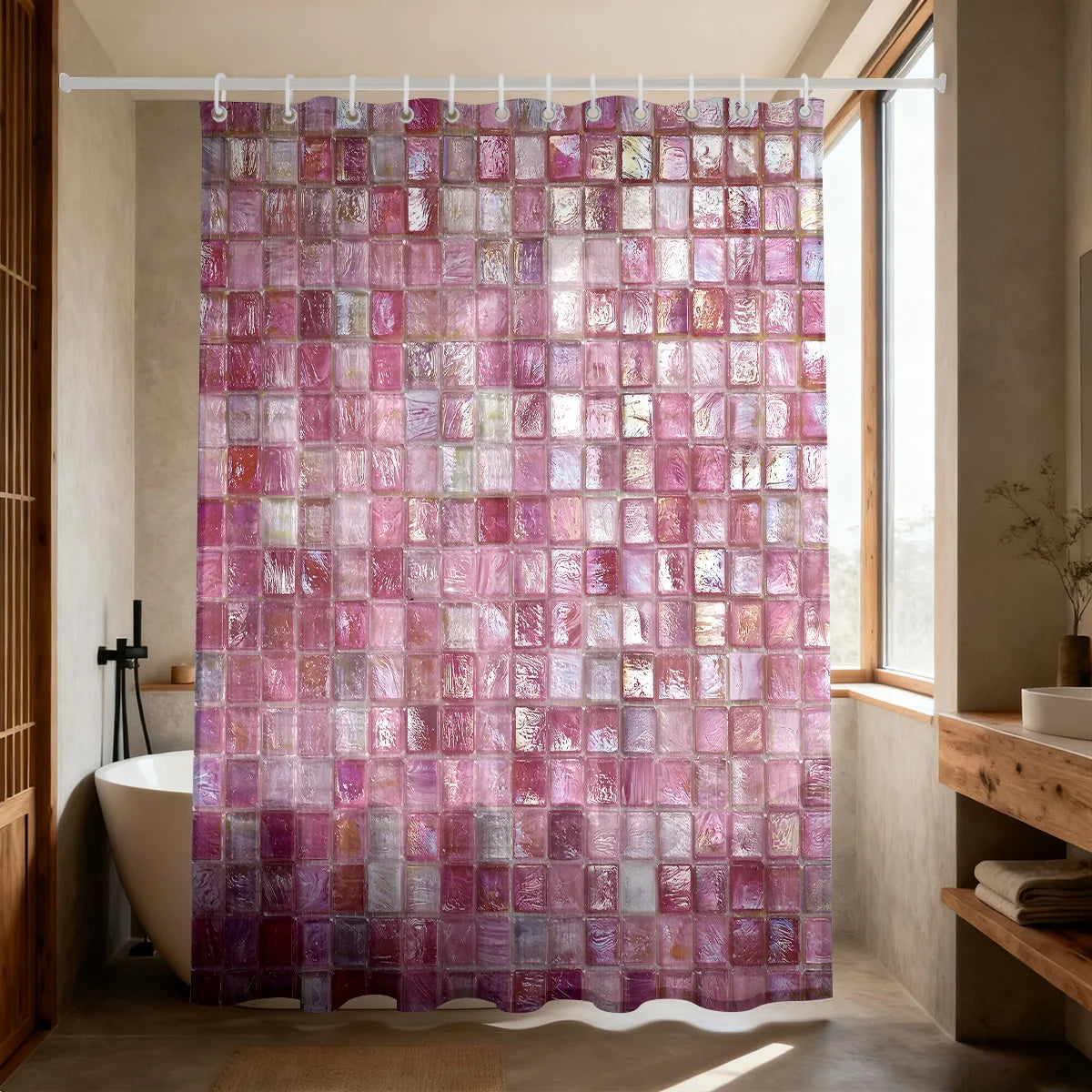 1pc pink ice block imitation simple printing waterproof partition privacy hanging curtain with 12 hooks, multiple sizes