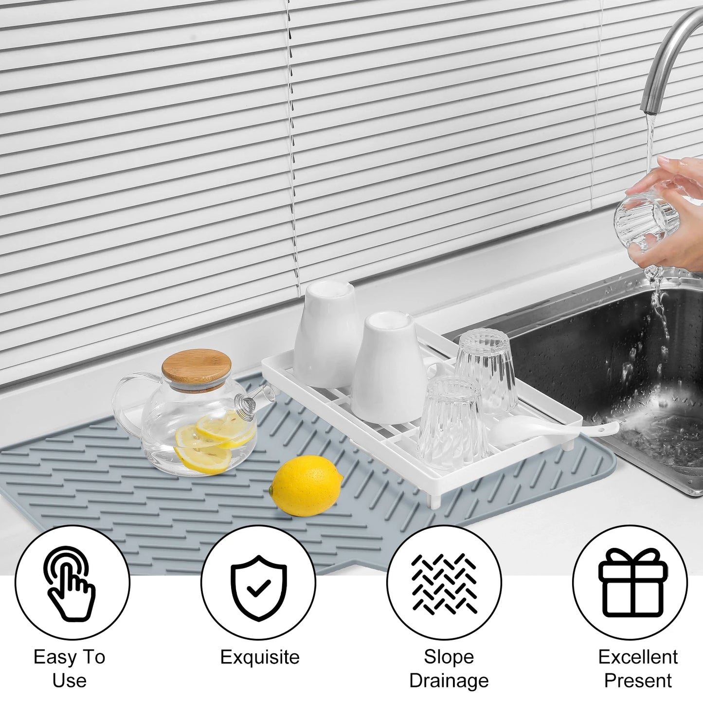 Dish Drying Mat-Silicone Drying Pad Kitchen Counter Dining-table Non-Slip Drain Pad Anti-scald Pot Cup Pad Kitchen Counter Tools