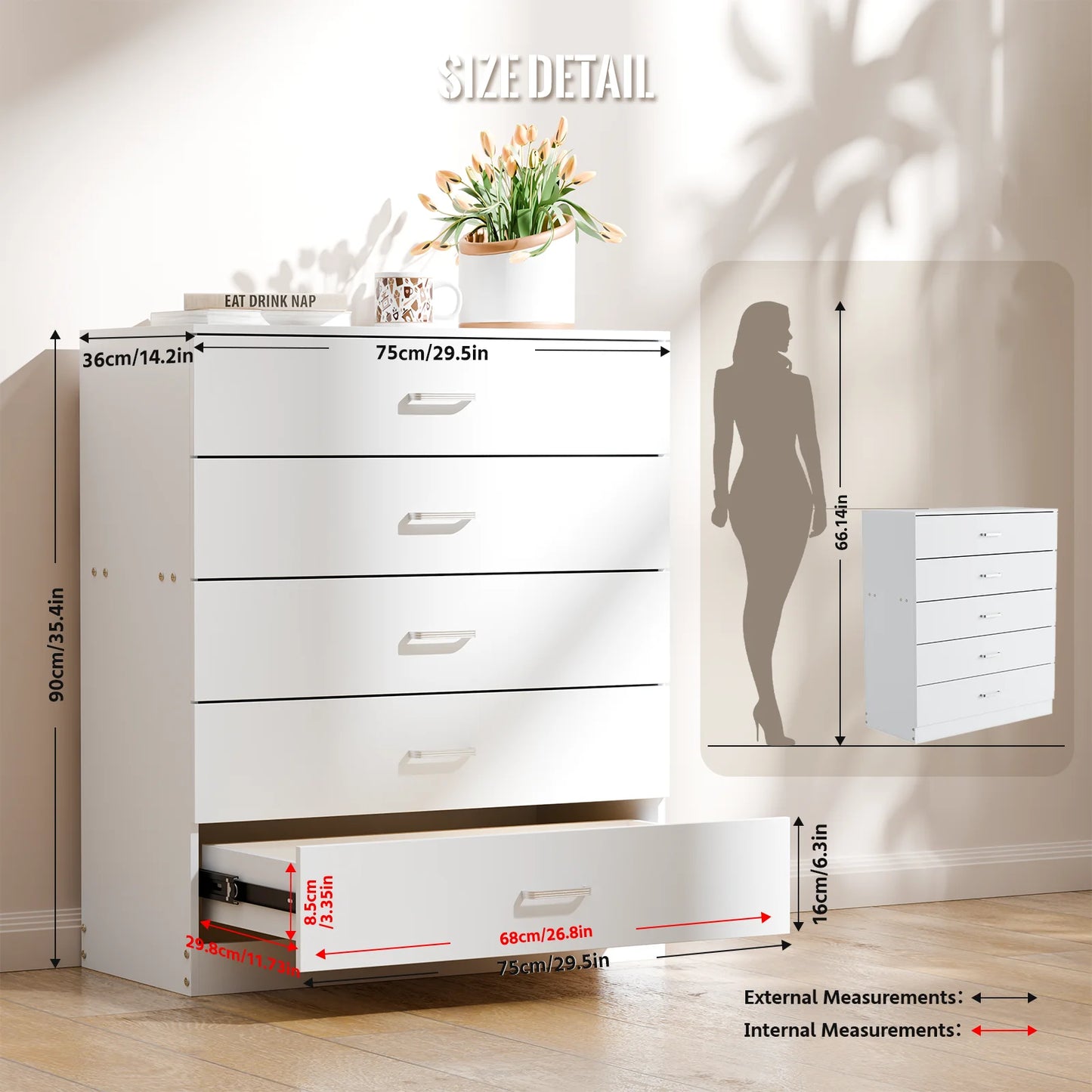 5 Drawer Chest White, Wood Storage Cabinet Dresser for Bedroom, Hallway, Closet Organizer, Modern Furniture (75x36x90cm)