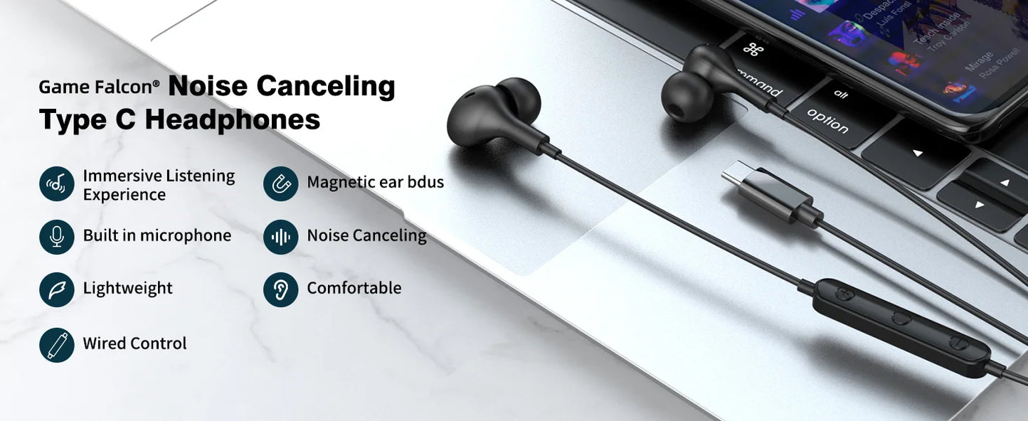 USB C Headphone for Samsung Galaxy S24 S25 S26 Ultra A17 A54 Magnetic Wired Earbuds Noise Canceling in Ear Earphones with Mic