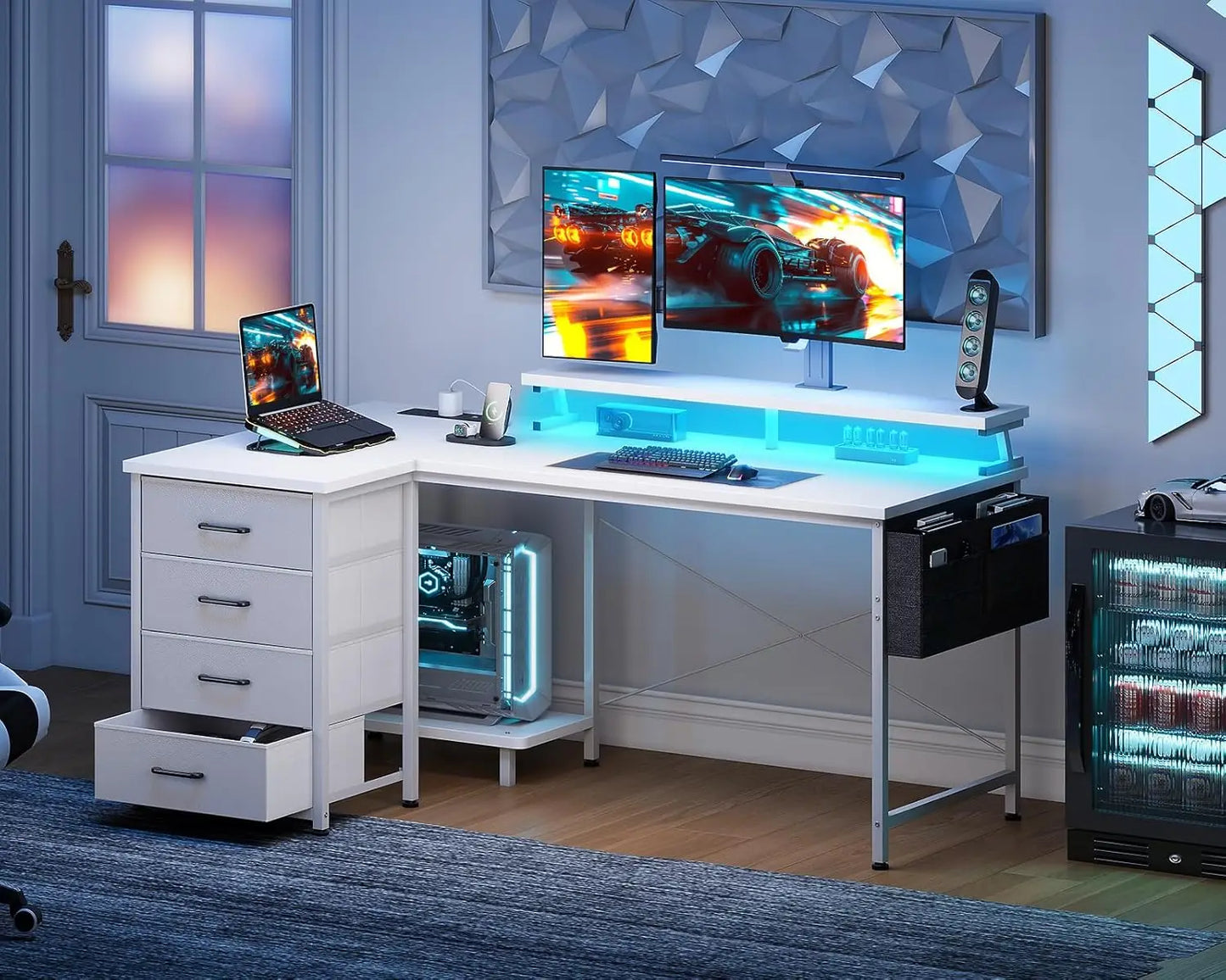 Coleshome L Shaped Gaming Desk with LED Lights & Power Outlets, 140x80cm Corner Computer Desk with Drawers, White