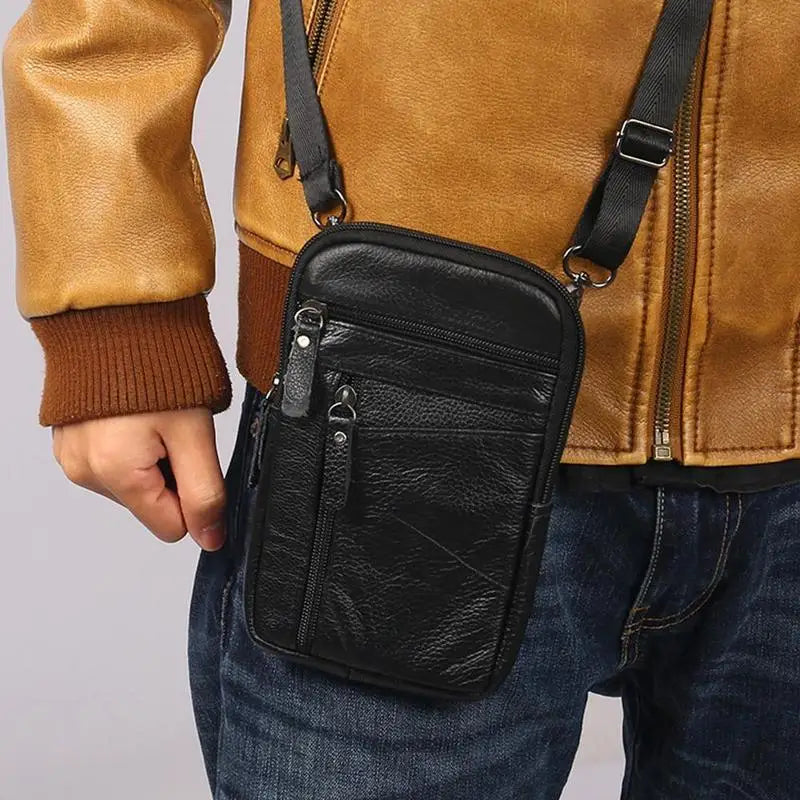 Leather Waist Bag Men's Mobile Phone Bag Wearing Belt Outdoor Sport One Shoulder Small Bag Doing Business Crossbody Bags