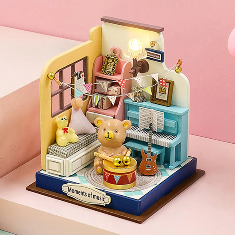 3D Puzzles Wooden Coffee Shop Mini Dollhouse Kit DIY Handmade Assembly Building Dollhouses Toys For Kids Birthday Gifts