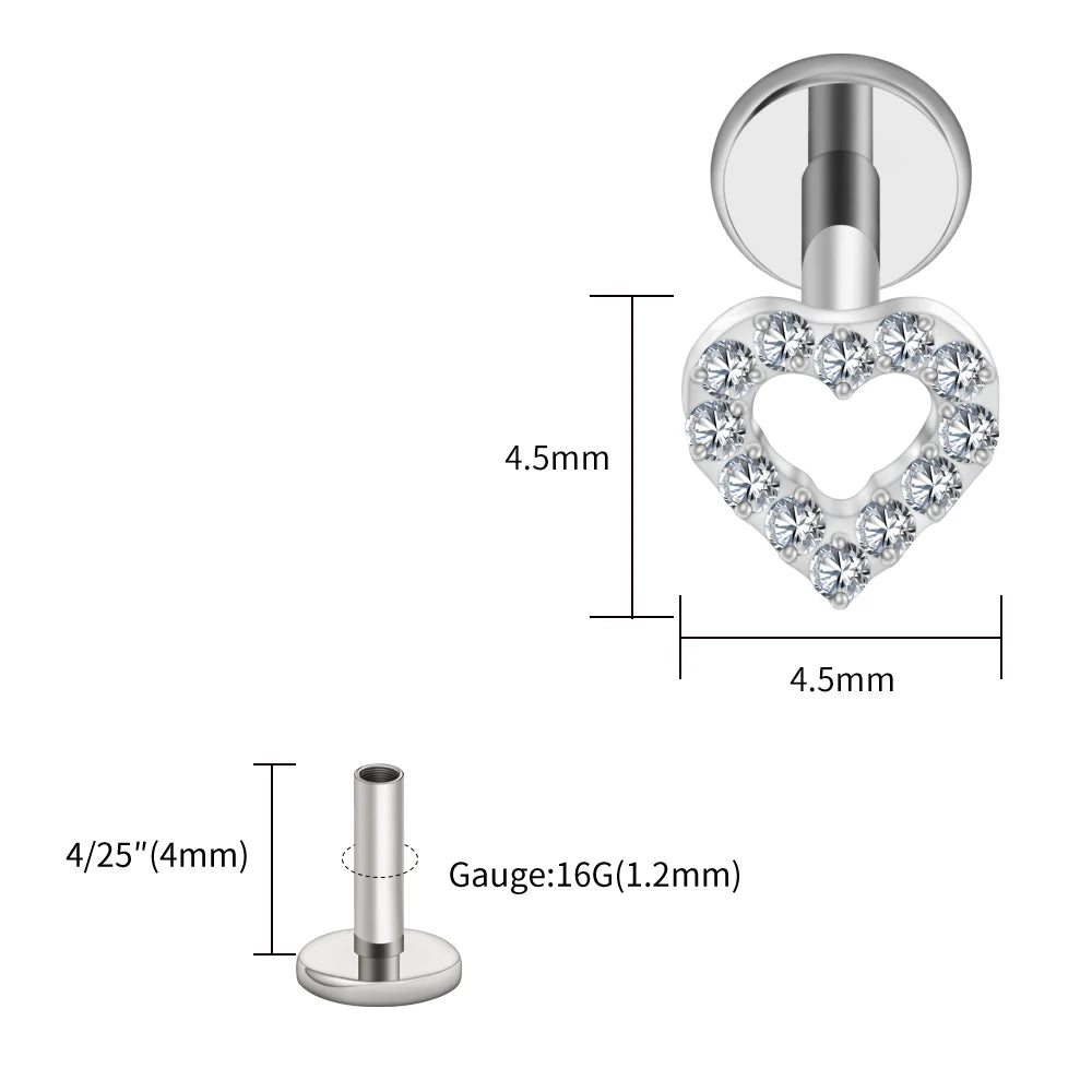 Right Grand ASTM F136 Titanium Mini Heart Cartilage Earring 16G Dainty Flat Back Labret Stud Tragus Helix Piercing Jewelry