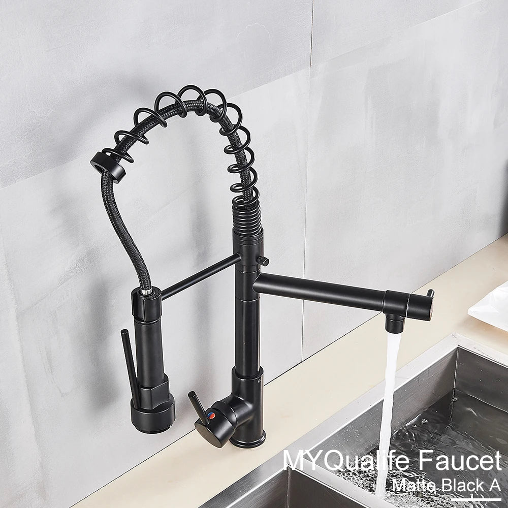 Black Pull Down Brass Kitchen Sink Faucet Hot Cold Water Mixer Crane Tap with Dual Spout 360 Rotation High Faucet Deck Mounted