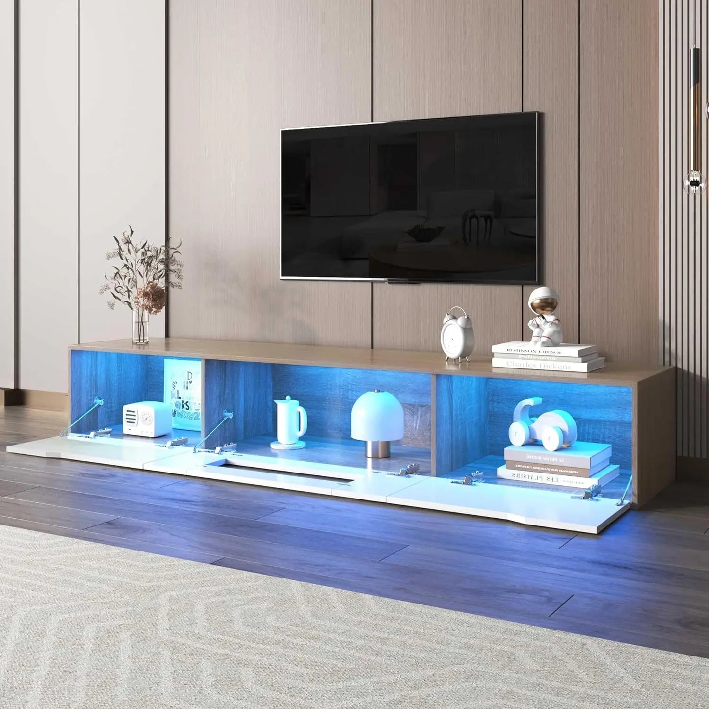 TV Cabinet High Gloss TV Cabinet Color Matching High Gloss White and Wood with Color Changing LED Light (White)