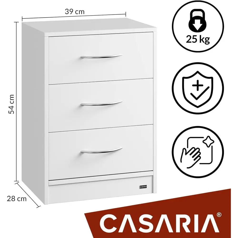 Compact White 3-Drawer Nightstand with Cable Management and Anti-Tip Safety for Bedroom Storage