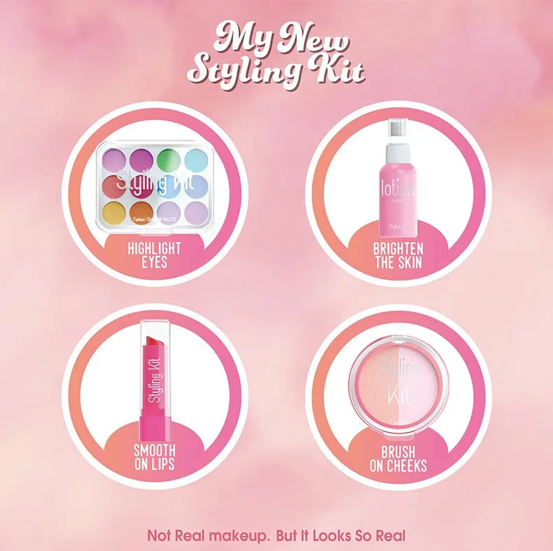 Girl’s pretend home make-up set: faux manicure, lip color, eye shadow, non-washable princess-themed cosmetics and toys.