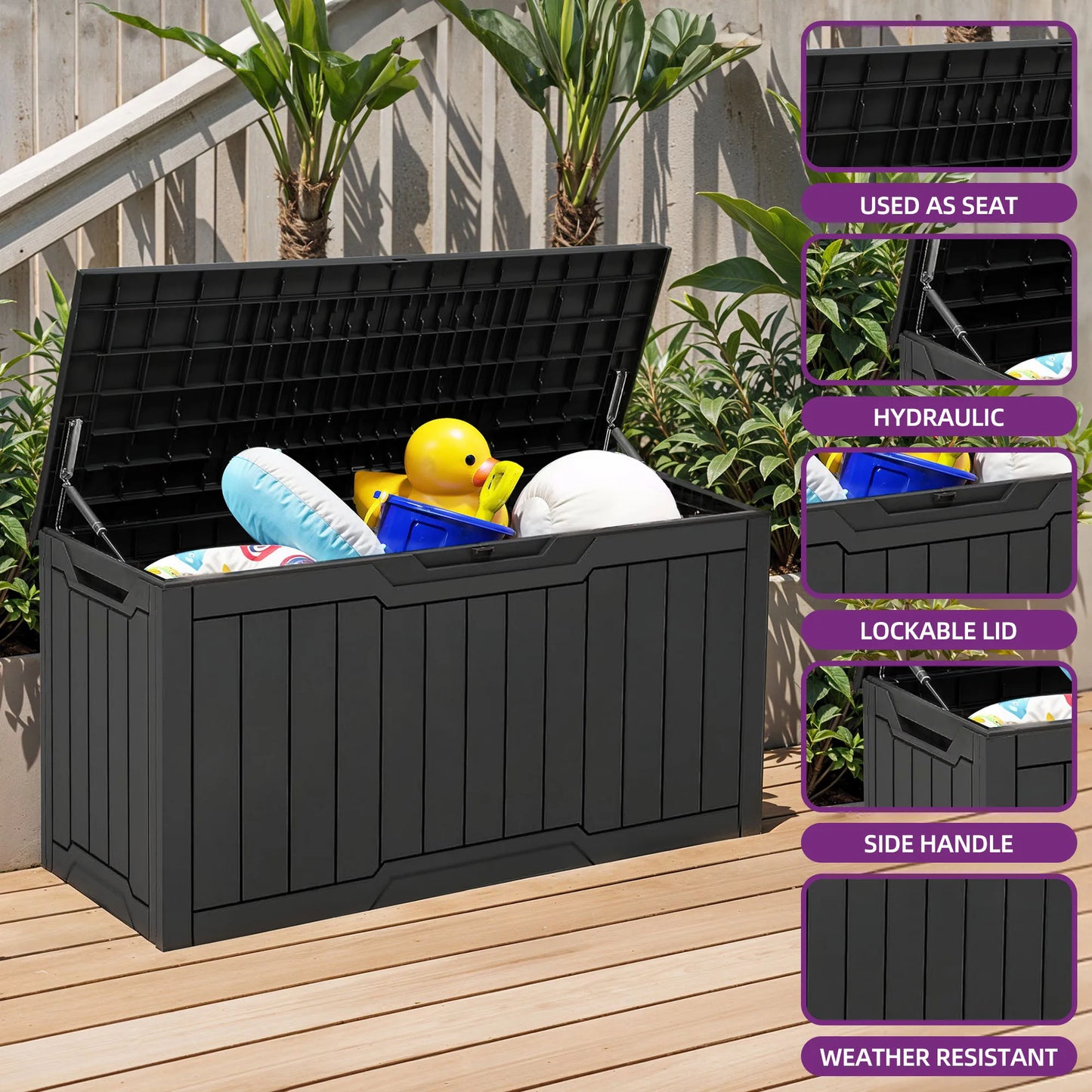 300L Resin Outdoor Storage Box, Waterproof Lockable Deck Box with Handles, All-Weather Patio Organizer for Cushions & Gear