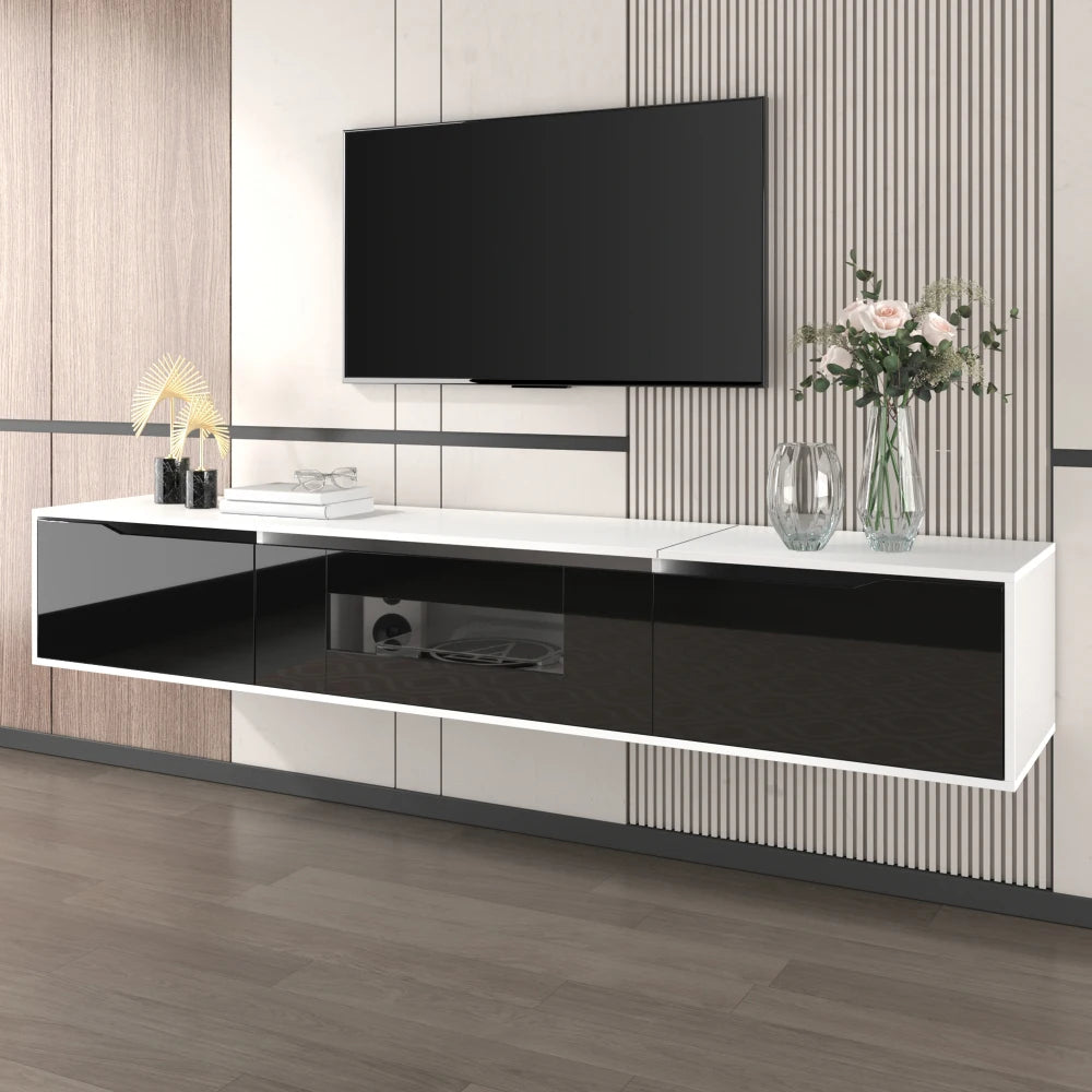 PINGGO TV cabinet, high-gloss TV cabinet, matching colours in white and high-gloss black, with colour-changing LED lights