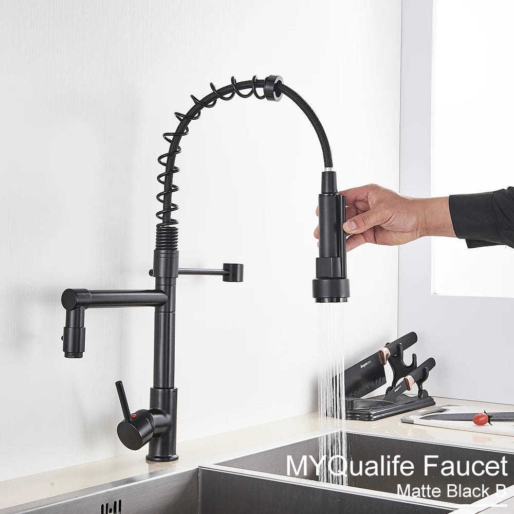 Black Pull Down Brass Kitchen Sink Faucet Hot Cold Water Mixer Crane Tap with Dual Spout 360 Rotation High Faucet Deck Mounted