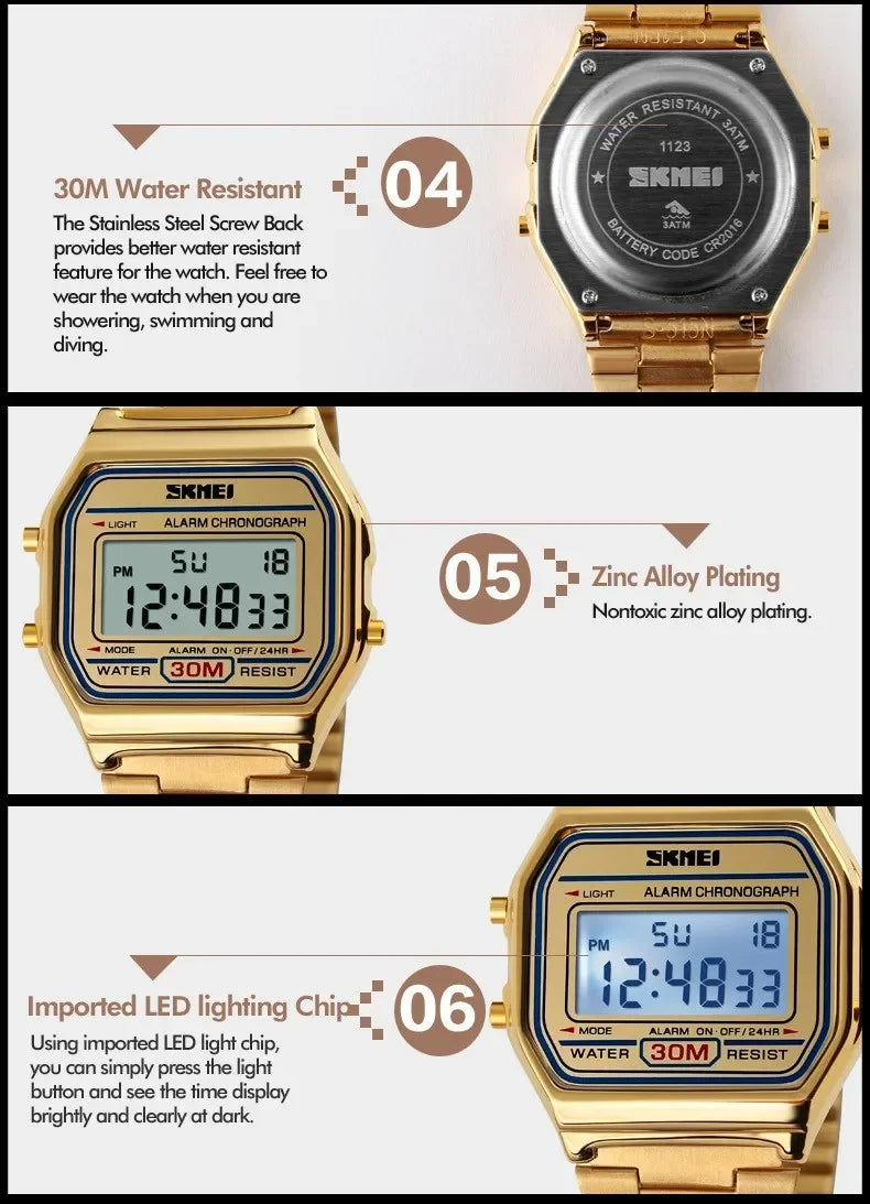 SKMEI Digital Sports Watch for Men Luxury Stainless Steel Electron Waterproof Mens Wristwatches Clock 1328 Reloj Hombre 1123