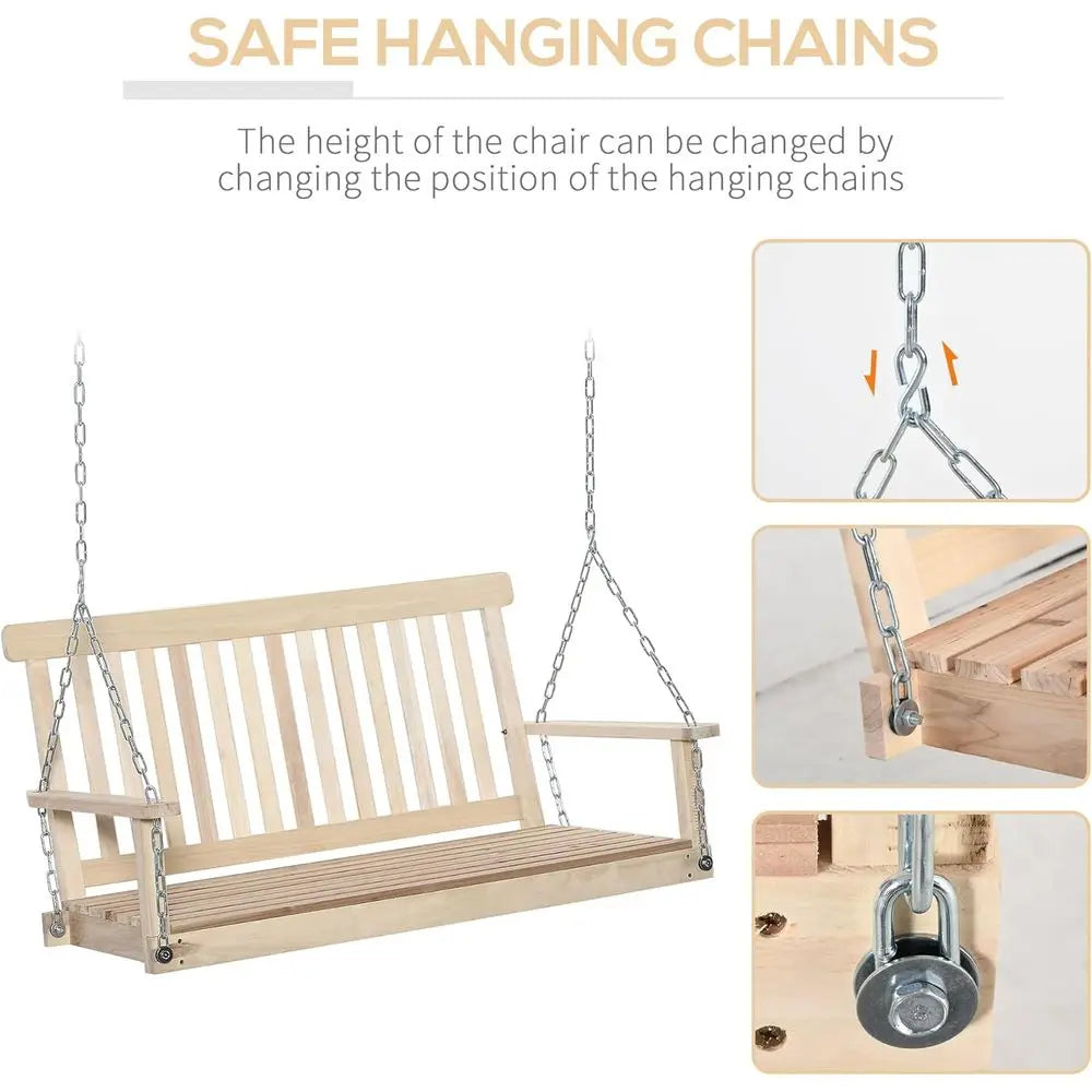 2-Seater Wooden Swing Bench, Porch Hanging Hammock Chair, Natural Garden Furniture