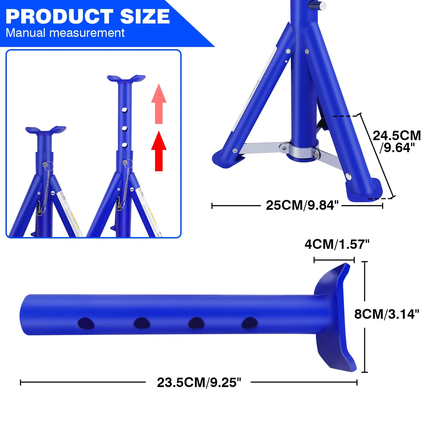 Pack-2 Heavy Duty Axle Jack Stands 3 Tonne Load Capacity, 4 Stages Height Adjustment 305mm to 415mm for Car Lifting Repair
