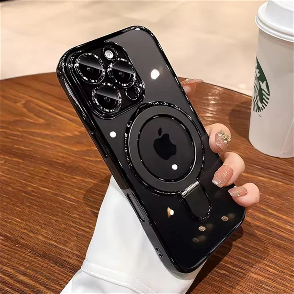 Luxury For Magsafe Bracket Case For iPhone 17 Air 16 Pro 15 14 13 12 11 Pro Max Magnetic Ring Stand Holder Clear Soft Cover