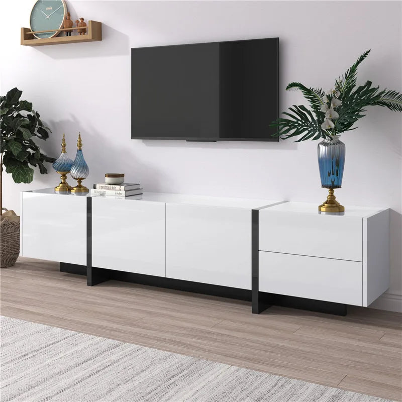 190x45x35cm High-Gloss White & Black TV Stand, Low Cabinet with Doors (Built-in Shelves) & Drawers, Contrast Black Legs Minimali