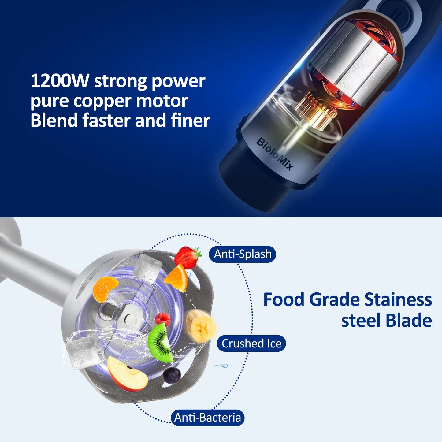 BioloMix 1200W 5-in-1 Immersion Hand Stick Blender Mixer Vegetable Meat Grinder 800ml Chopper Whisk 600ml Smoothie Cup