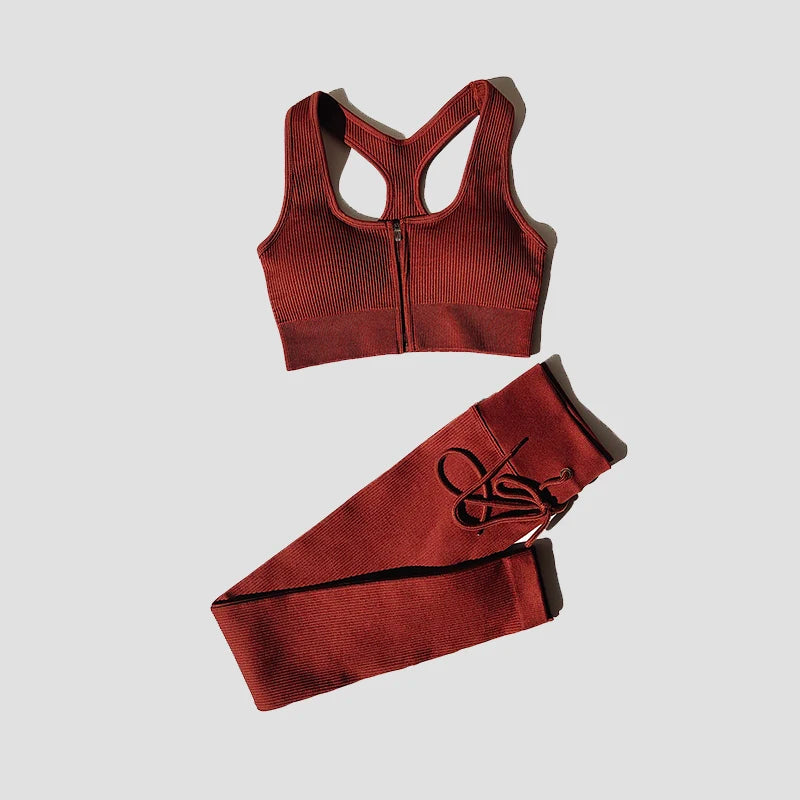 Seamless Women Yoga Set Workout Sportswear Gym Clothing Zipper Long Sleeve High Waist Leggings Fitness Bra Athletic Sports Suits