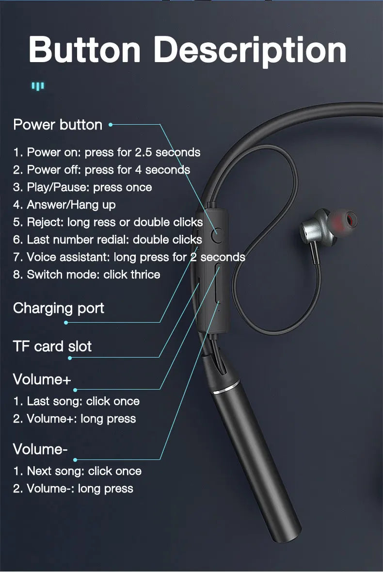 Wireless Headphones 180 Hour Endurance Bluetooth Bass Headset with Mic Stereo Neckband Earphones Sport Auriculares For TF Card
