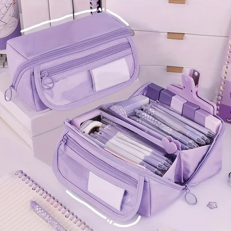 Large Capacity Pencil Case Organizer - Multi-Compartment Desktop Storage for School & Office Supplies ( Pink/Purple/Black)