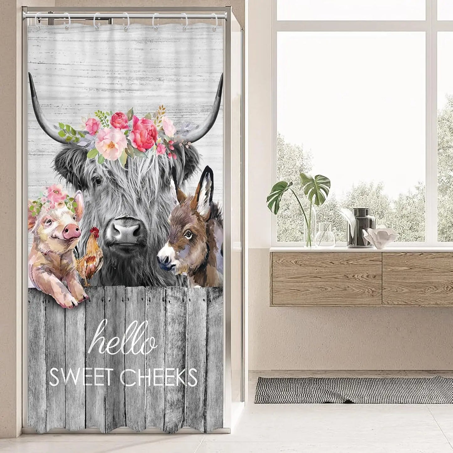 Funny Pig Shower Curtain Farmhouse Rustic Farm Animal in Bathtub Cute Western Country Shower Curtain Bathroom Set Pink Floral