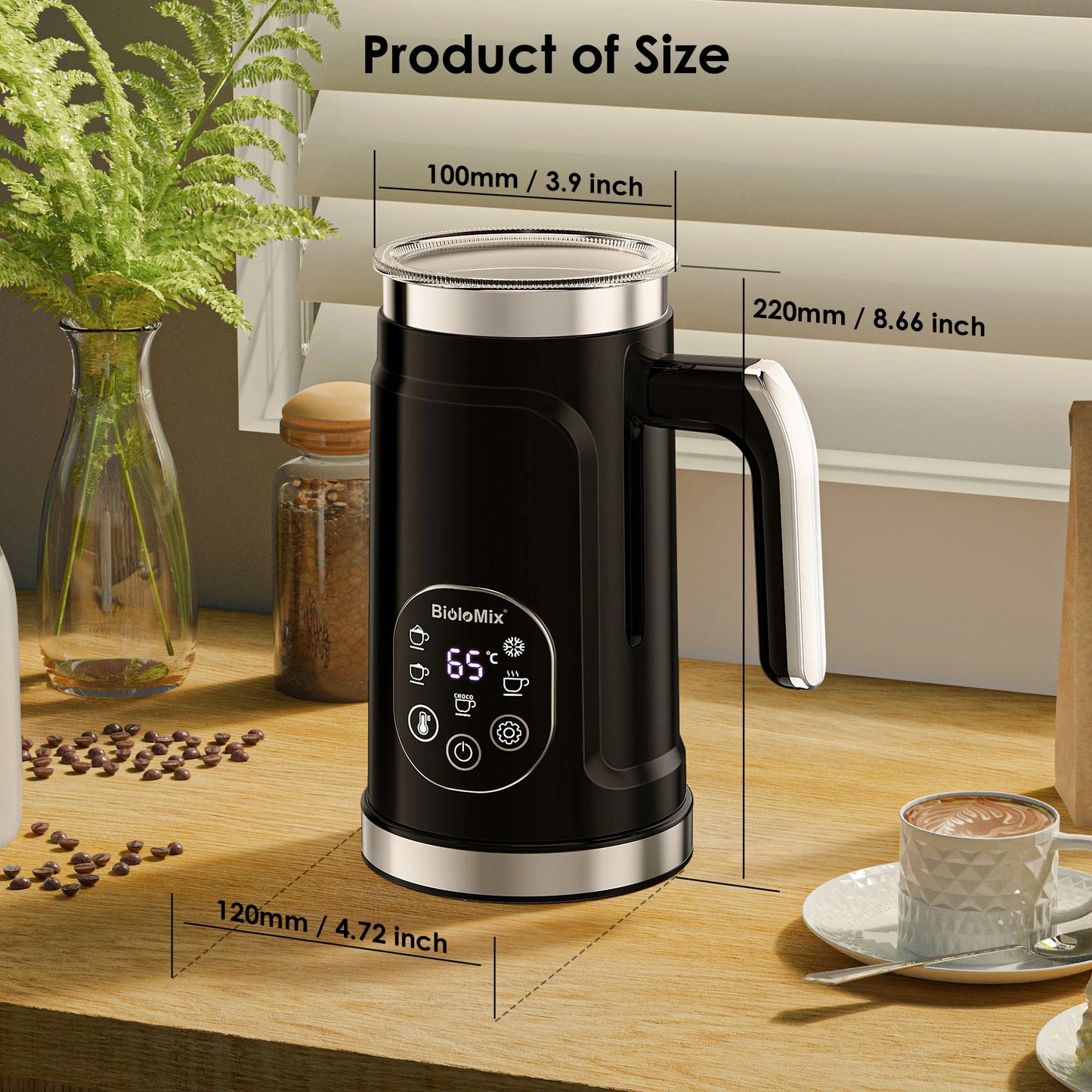 BioloMix Upgraded 5-in-1 LED Touch Screen Milk Frother for Lattes & Coffee, Hot And Cold Foam Maker