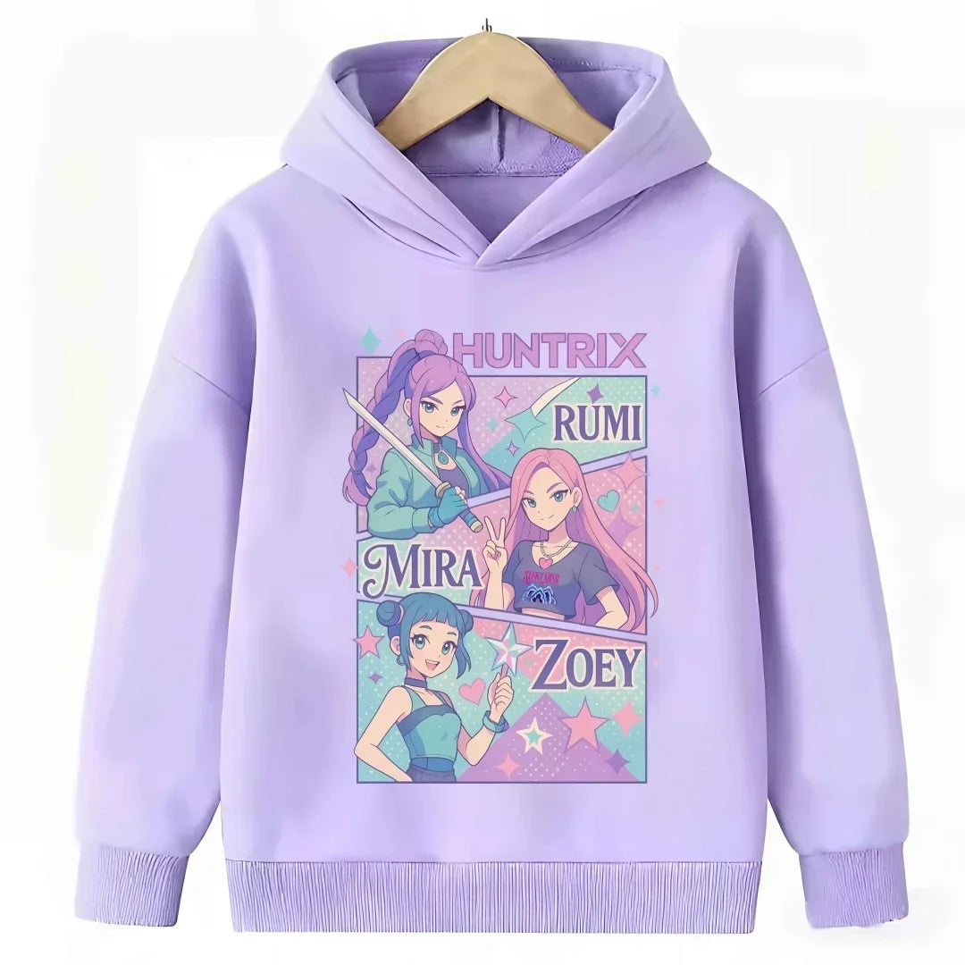 2026 New Kpop Demon Hunter Cartoon Hoodie Kids Boys Girls Purple Warm Casual Loose Sweatshirt Children Fashion Streetwear Tops
