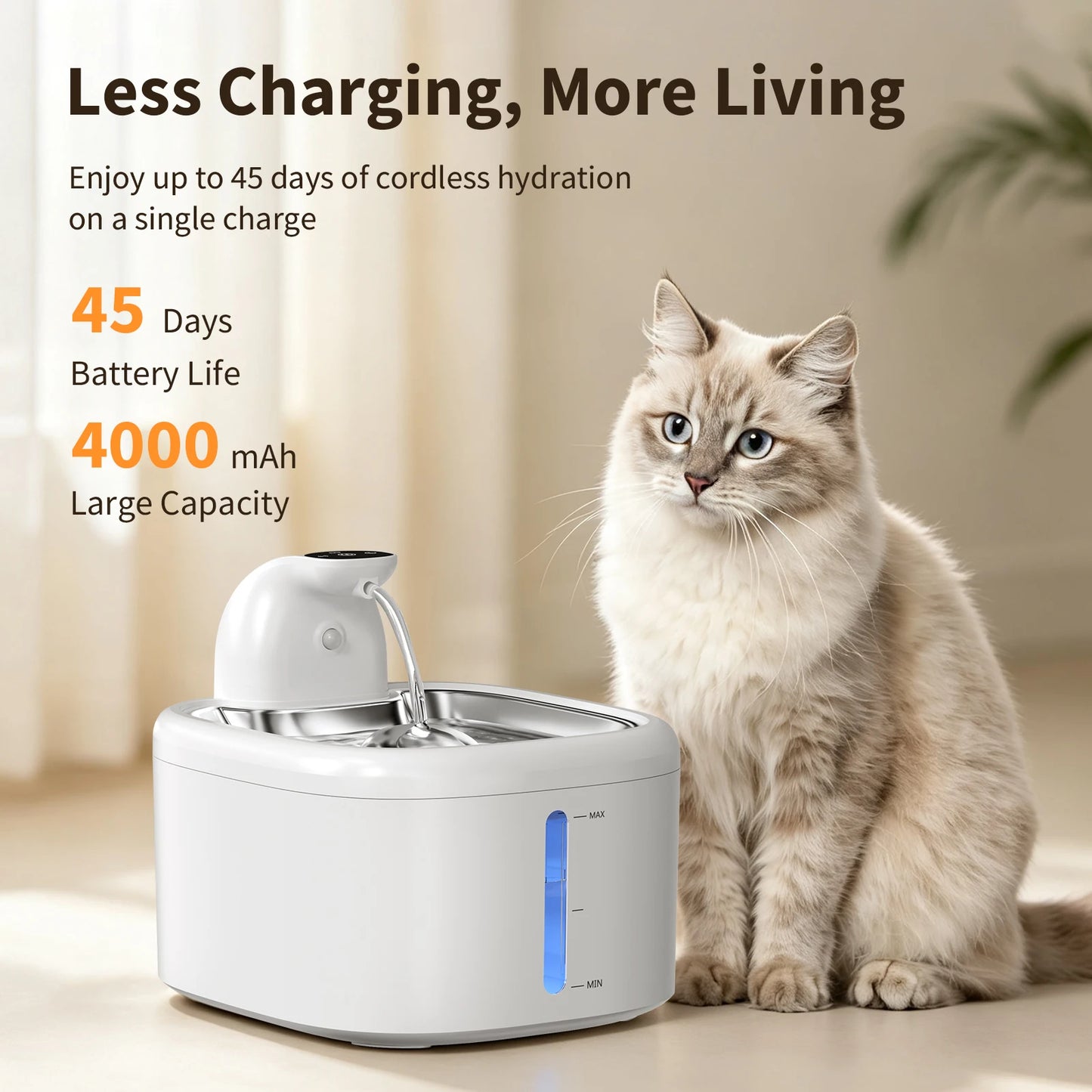 3.5L Cat Water Fountain Wireless Pet Water Dispenser With Stainless Steel Pallet 4000mAh Battery Motion-Sensing Water Dispensing