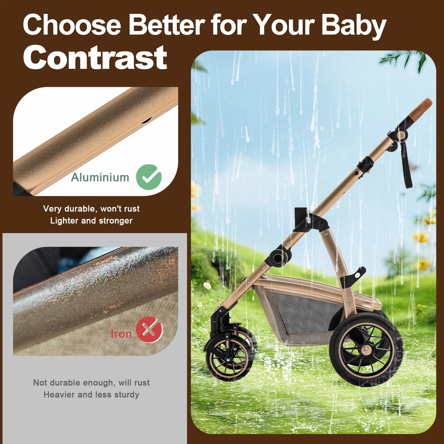 3 in 1 Prams Travel System, Pushchair with Height Adjustable Handle, Travel Pram with Mosquito Net, Baby Stroller with Aluminum