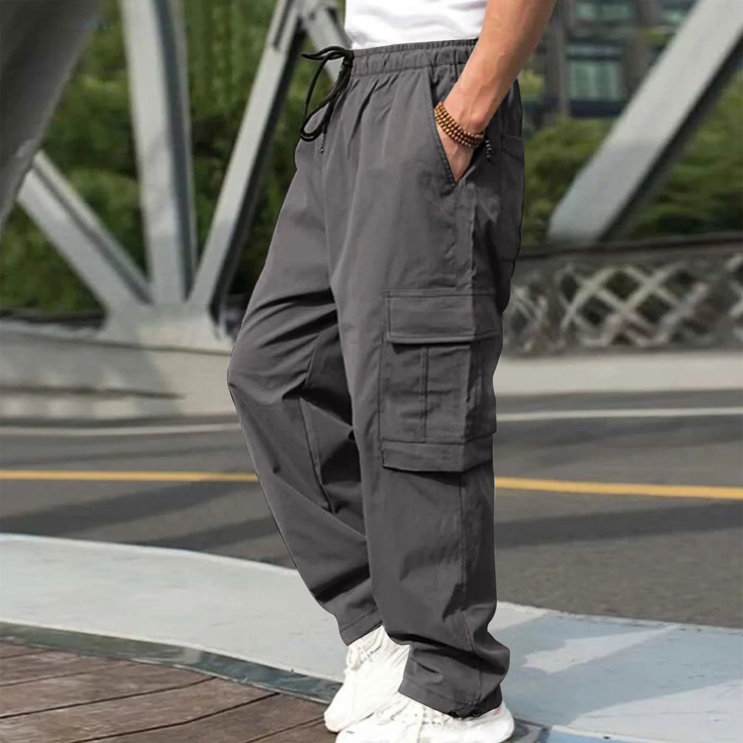 Men Loose Cargo Pants Summer Male High Elastic Waist Zip Pocket Straight Full Trousers BFDZ-A717