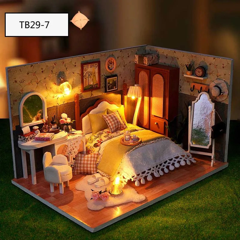 DIY Doll House Wooden Miniature Kit with Furniture Set Handmade Model Assembly Toy Case for Birthday Gifts