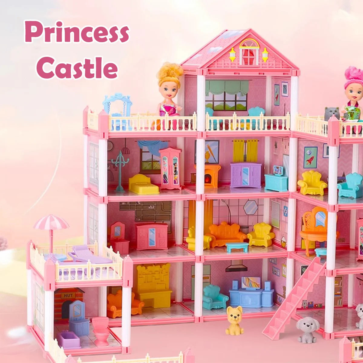 Girl Doll House Toy 3d Assembly Dollhouse Diy Mini Toy Accessories Villa Princess Pink Castle Children Pretend Birthday Gift
