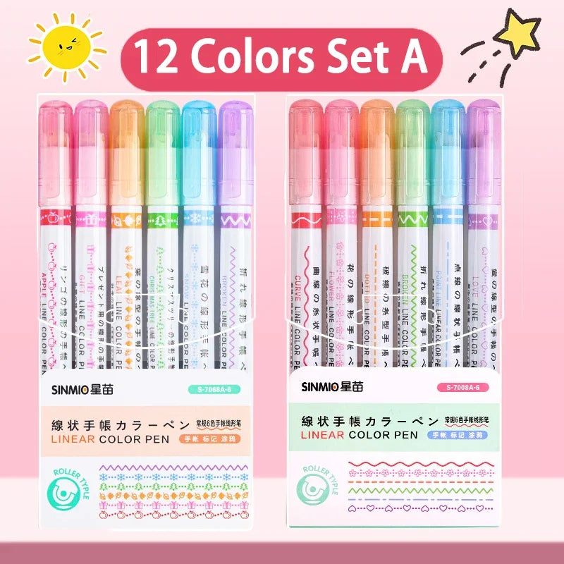 24/3 PCS Kawaii Flowers Line Shaped Highlighter Pens Roller Tip Curve Liner Marker for Writing Journaling Drawing Stationery