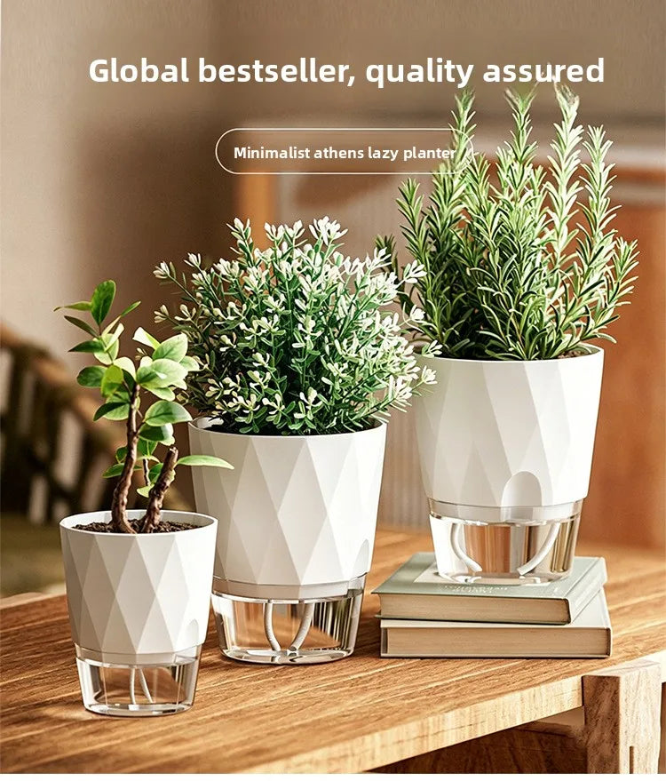 Self Watering Planter Diamond Lazy Flower Pot Transparent Double Layer Plastic Plant Pot for Indoor Plants