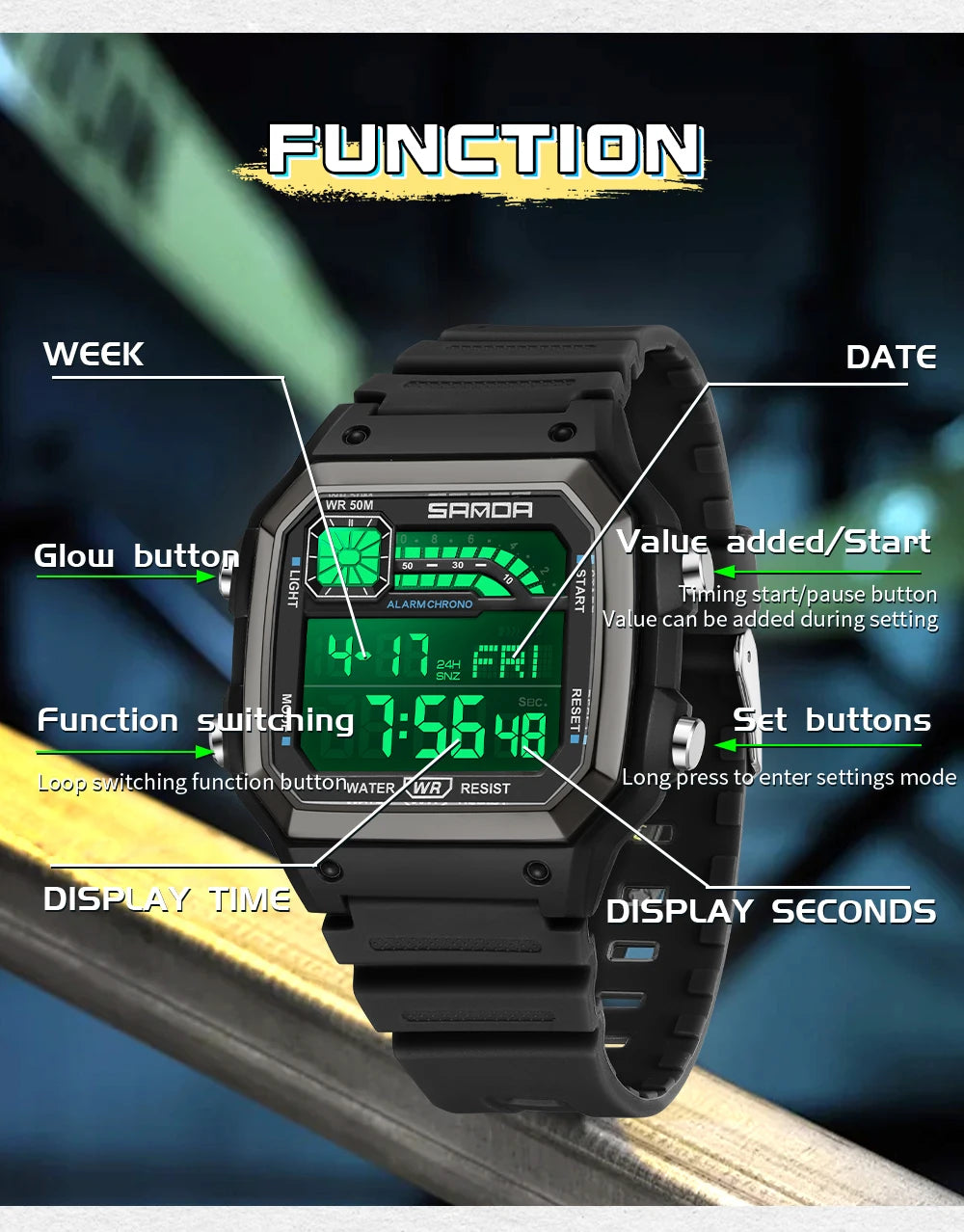 SANDA Outdoor Sport Electronic Watch Men Multifunction Watches Alarm Clock Chrono Waterproof LED Digital Double Time Watch