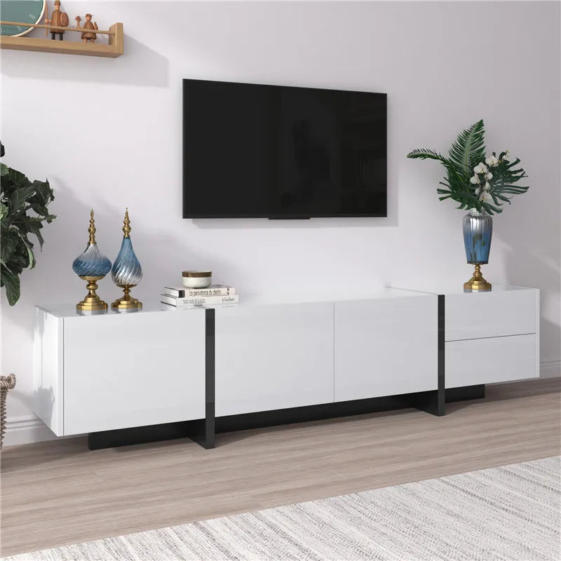 190x45x35cm High-Gloss White & Black TV Stand, Low Cabinet with Doors (Built-in Shelves) & Drawers, Contrast Black Legs Minimali