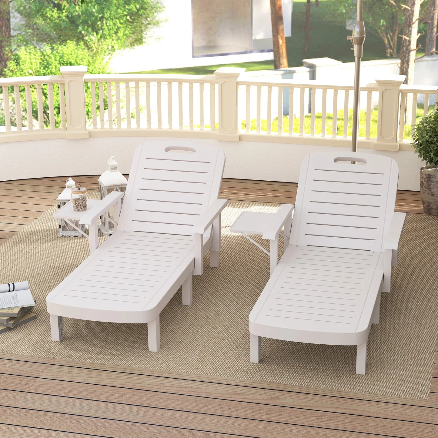 Outsunny Set of 2 Resin Reclining Sun Loungers for Garden, 5 Positions Adjustable Outdoor Chaise Lounge Chairs