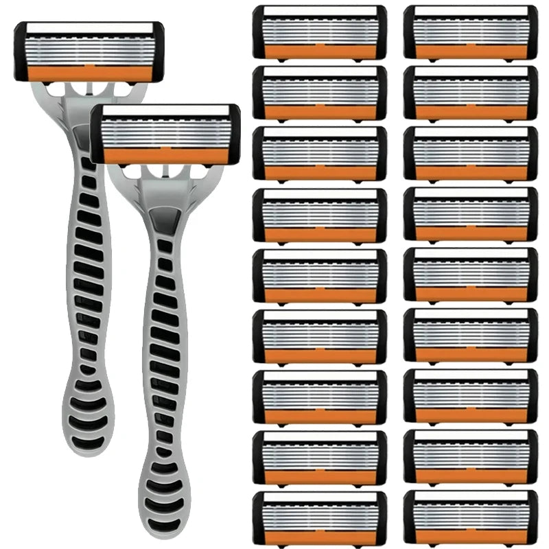 Men's manual razor safety razor 6-layer stainless steel hair removal knife, replaceable razor head, razor tools.